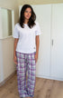 Women summer pajama set White T-shirt + Green X Purple Tartan Plaid Pants